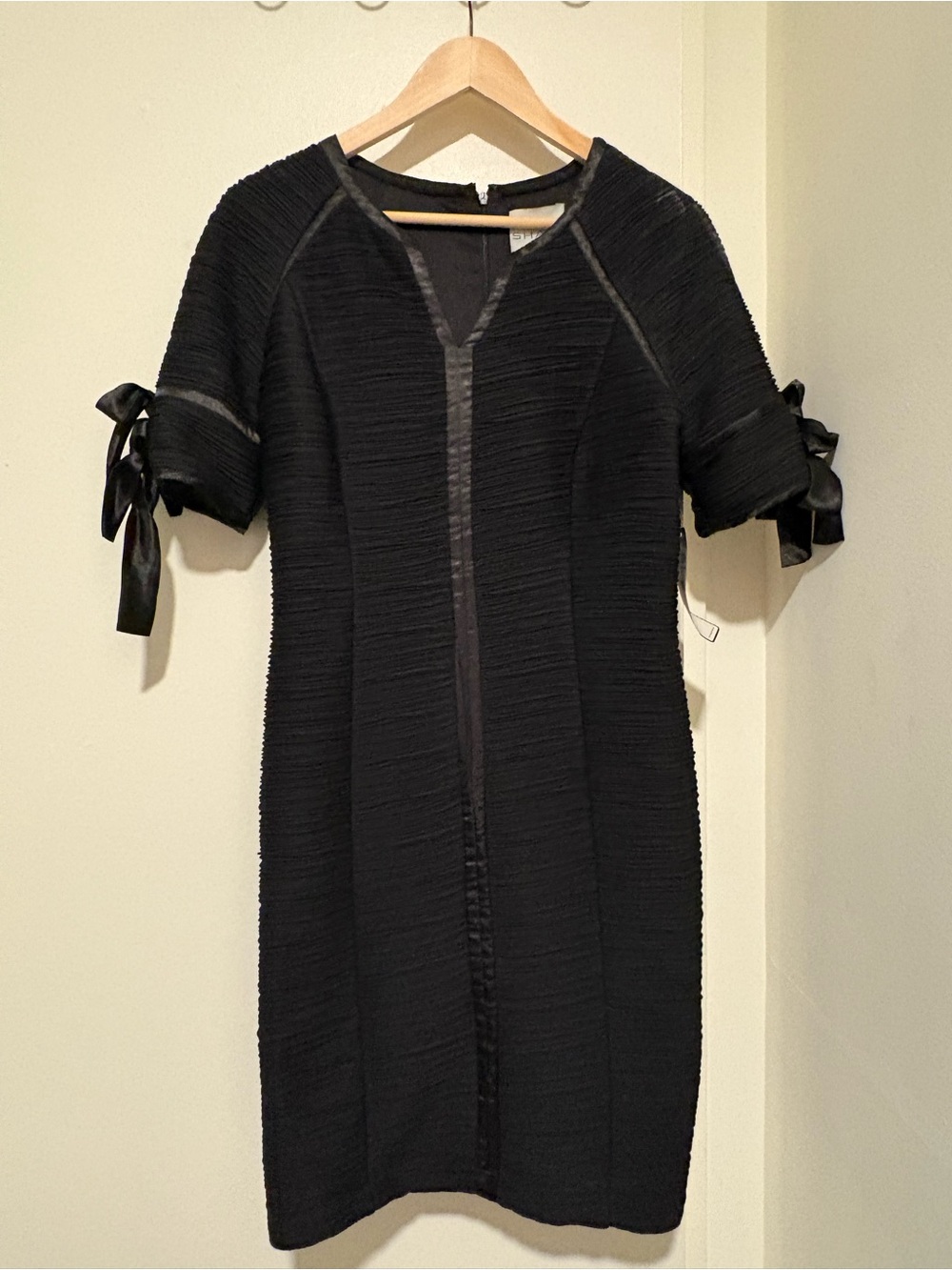 Black Textured Midi Dress with Satin Tie Sleeves